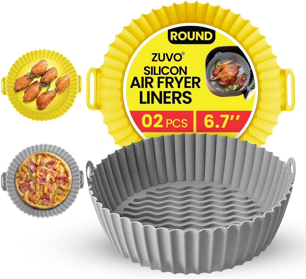 Zuvo Silicon Air Fryer Liners - Pack of 2 - Round Reusable Airfryer Liners for Baking - 6.7 Inches - Ninja, COSORI & Tower Compatible Silicon Air Fryer Liners (Round Silicon Liners)