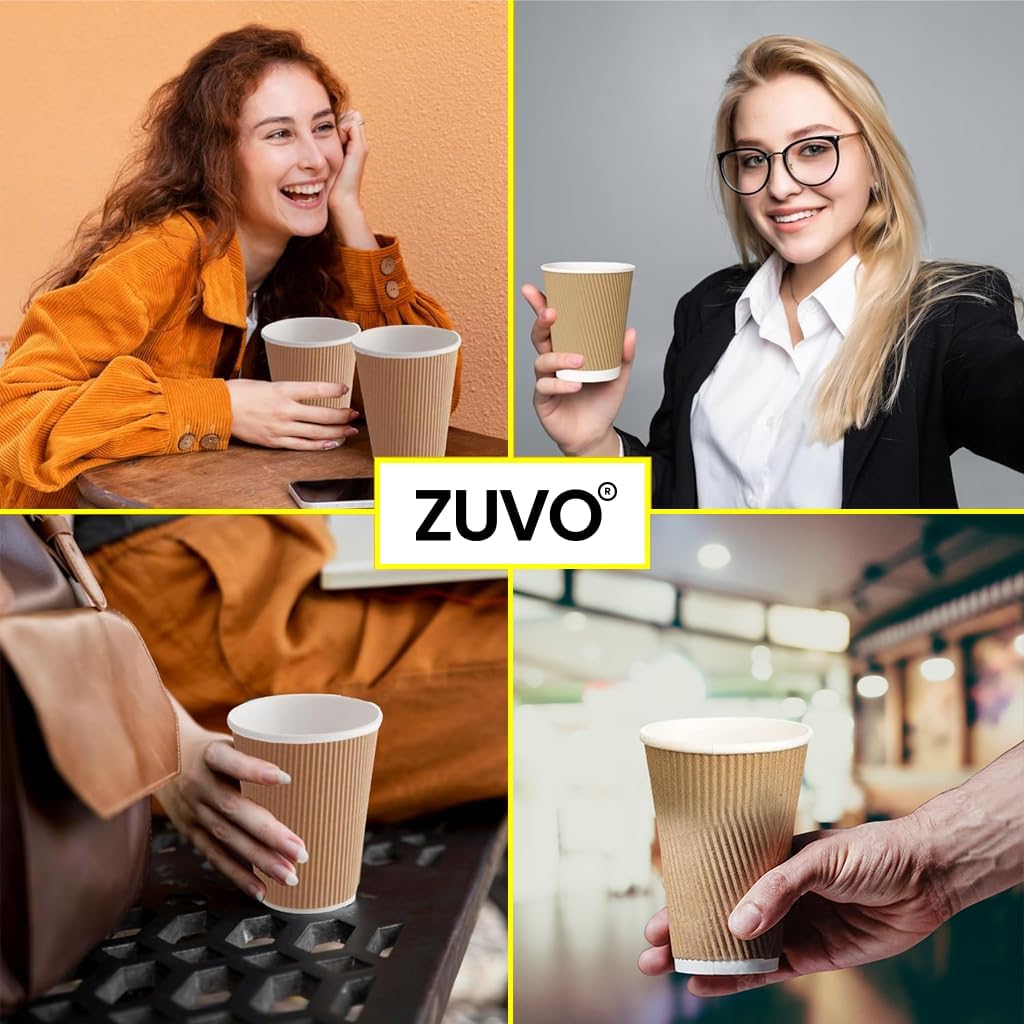 Zuvo Coffee Cups 16 OZ - NO Lids - 100 Disposable Brown Ripple Coffee Cups - Ideal for Takeaways