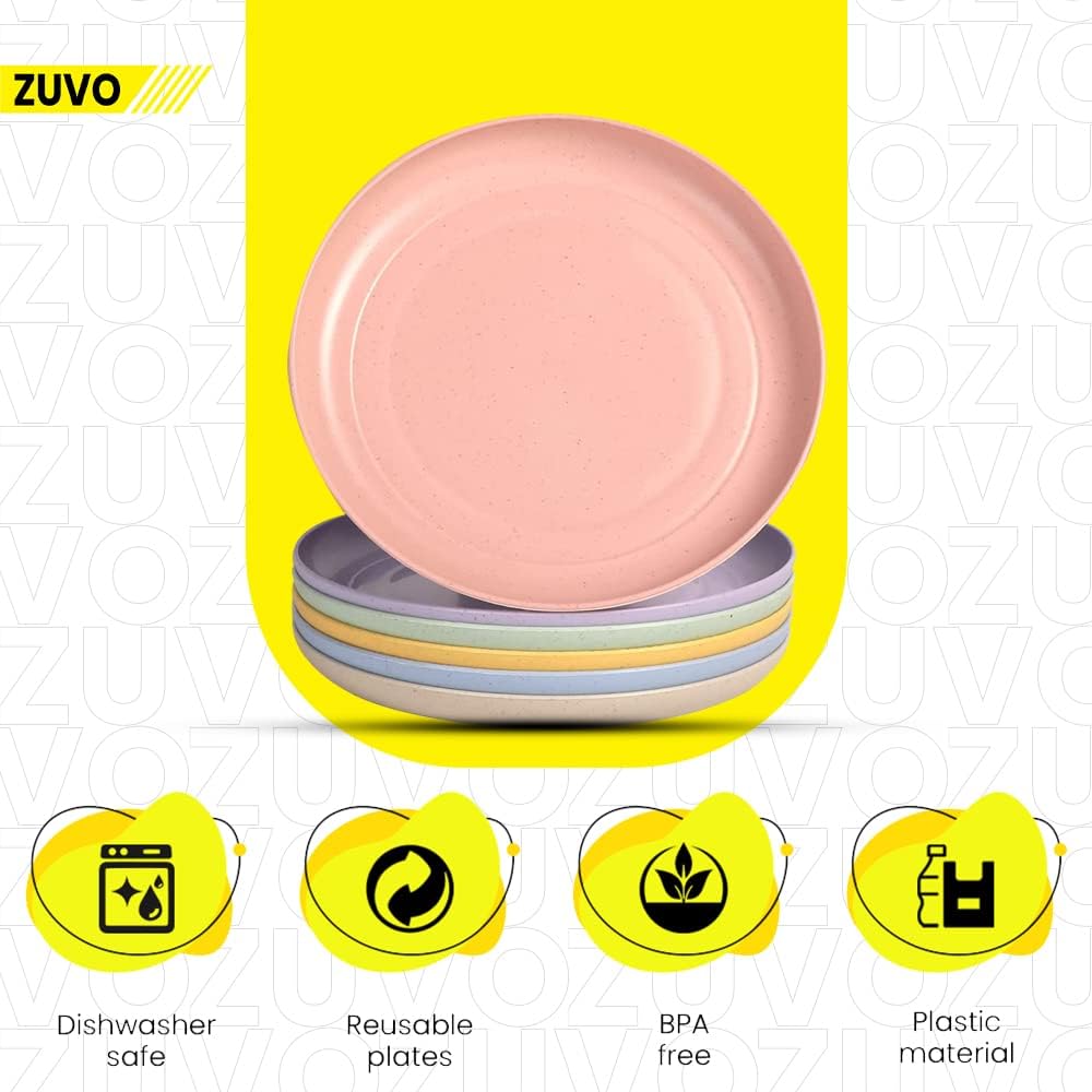 Zuvo Plastic Plates Reusable Set of 6 - Unbreakable Plastic Dinner Plates 8 Inches - Safe from Dishwasher & Microwave - Mix Colors, Pink, Yellow, Blue and Green