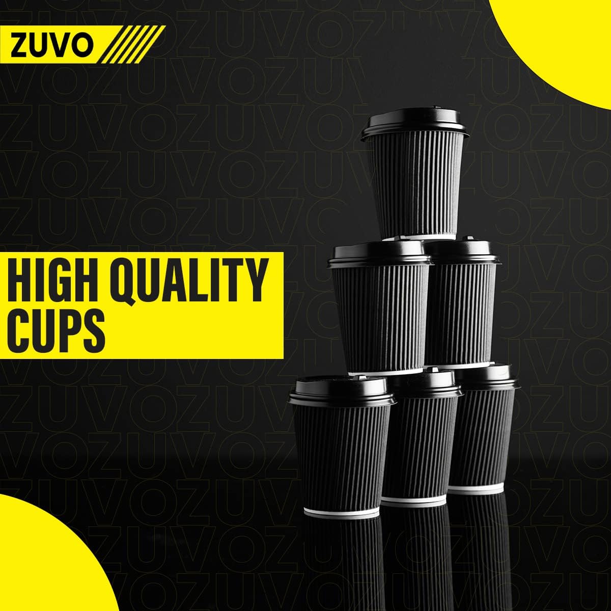 Zuvo 50 Pack 8oz Black Triple Wall Ripple Coffee Cups with Lids