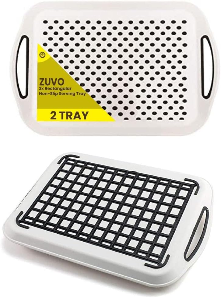 Zuvo 2Pcs Anti-Slip Food Serving Tray with Handles, Multipurpose Non-Slic Dinner/Drinks Serving Trays with High Grip Rubber, Ideal for All Homes (White)