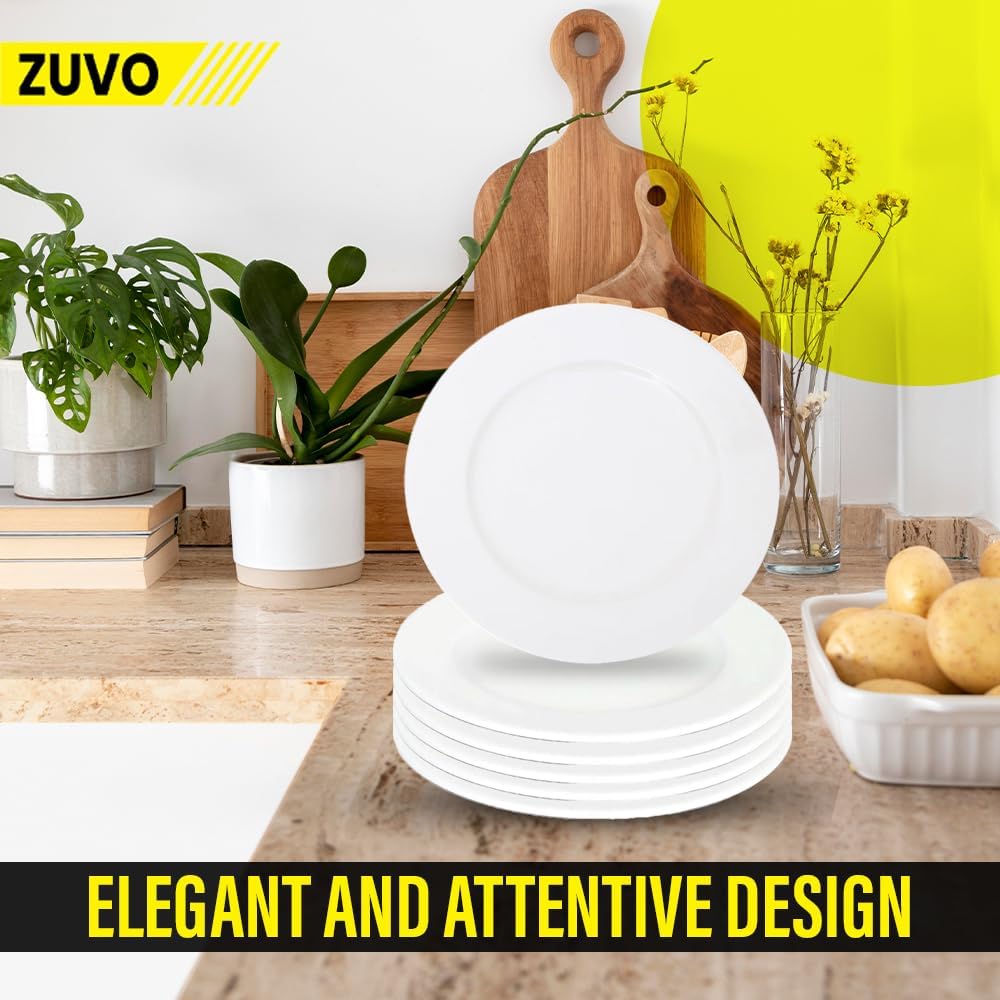 Zuvo White Porcelain Dinner Plates Set of 6 – 10.5 Inch Microwave Safe Rim