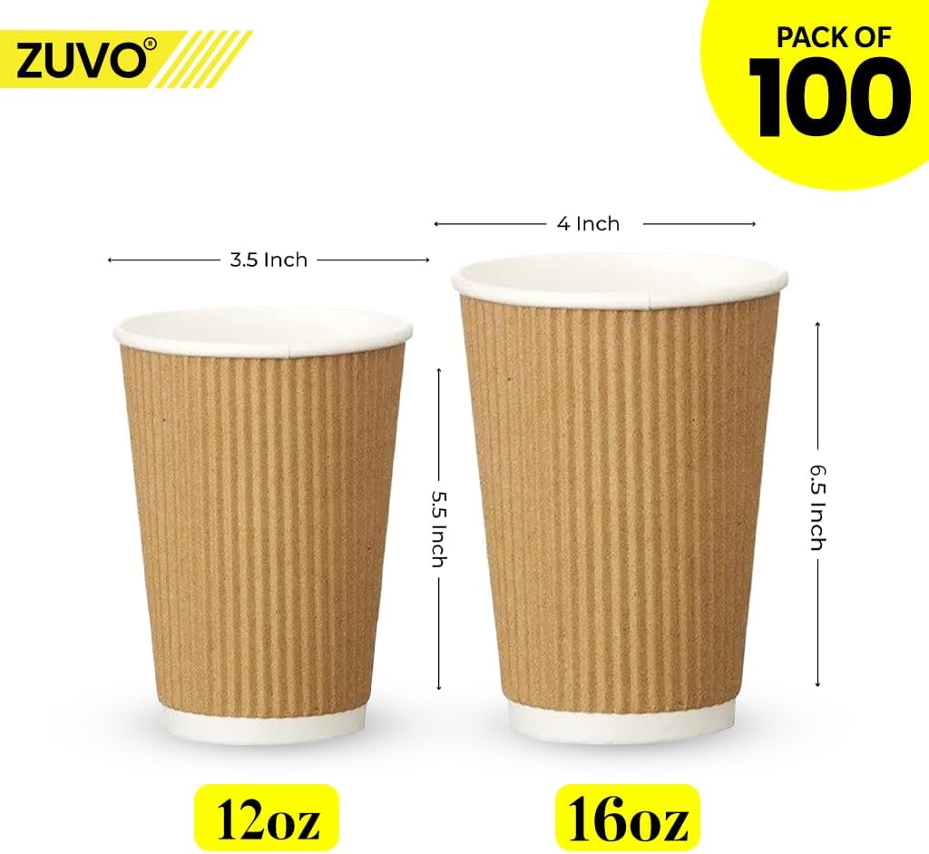 Zuvo Coffee Cups 16 OZ - NO Lids - 100 Disposable Brown Ripple Coffee Cups - Ideal for Takeaways