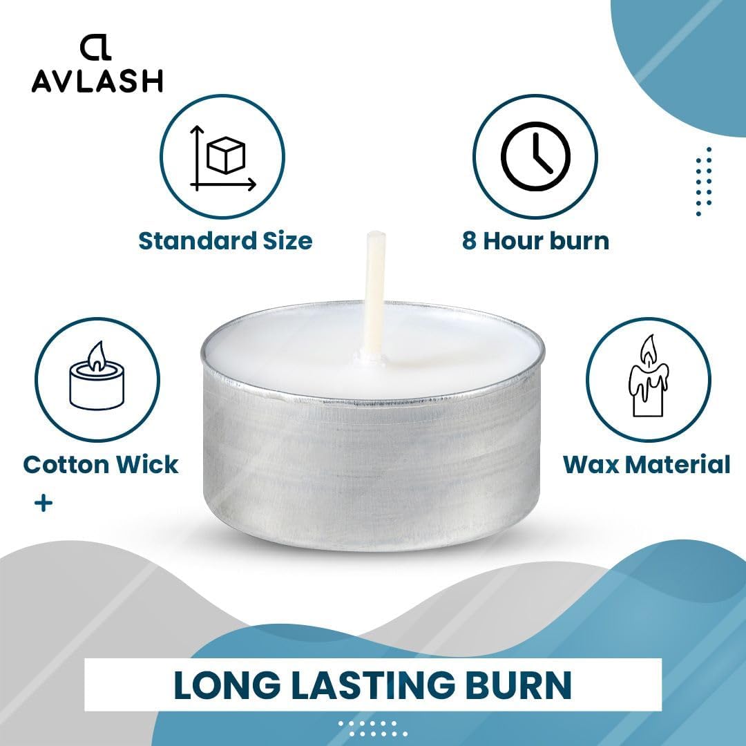 Avlash 8 Hour Tea Light Candles Pack of 50 Unscented Long Burn White