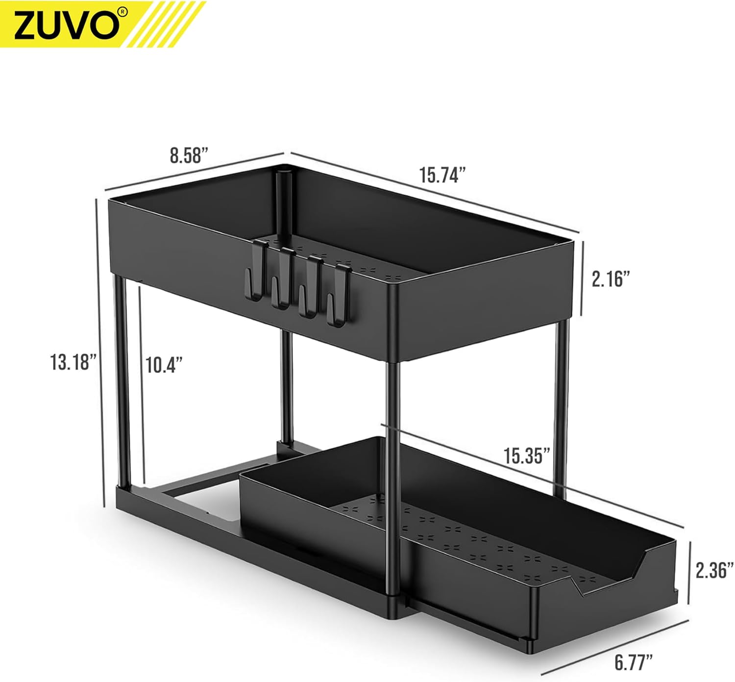 Zuvo Under Sink Storage Solution: Heavy-Duty Organizer to Maximize Kitchen Space – Durable and Versatile for Home & Office Black