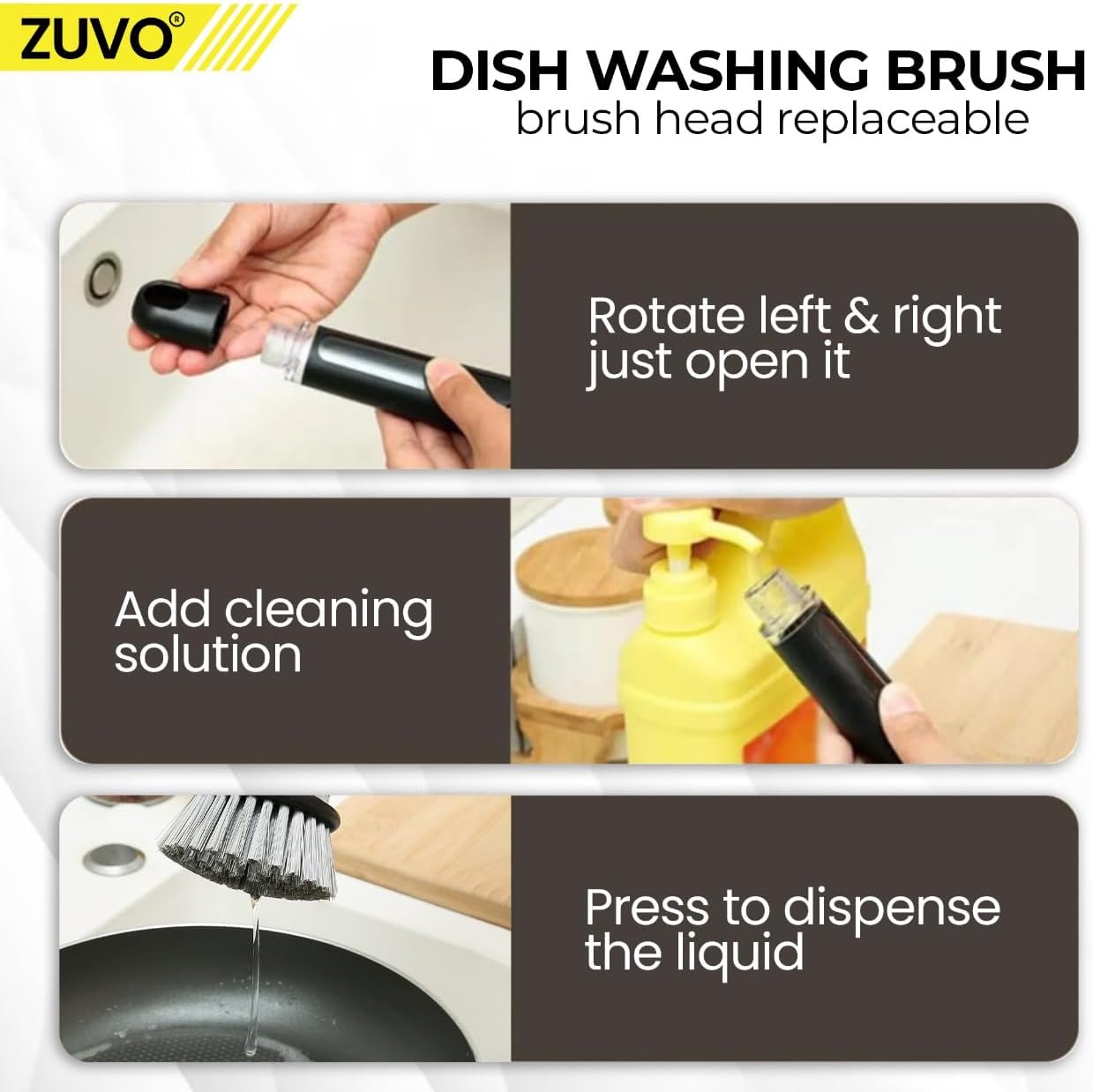 Zuvo Soap Dispensing Scrubbing Brush Durable Kitchen Dish Cleaning Tool