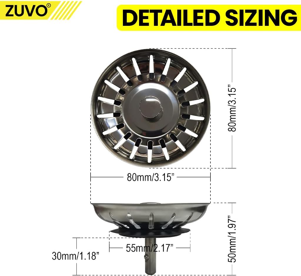 Sink Plug Replacement - 78 MM Kitchen Sink Strainer to Block Waste - Made with 304 Stainless Steel & Rust Free Sink Plug by Zuvo, Silver