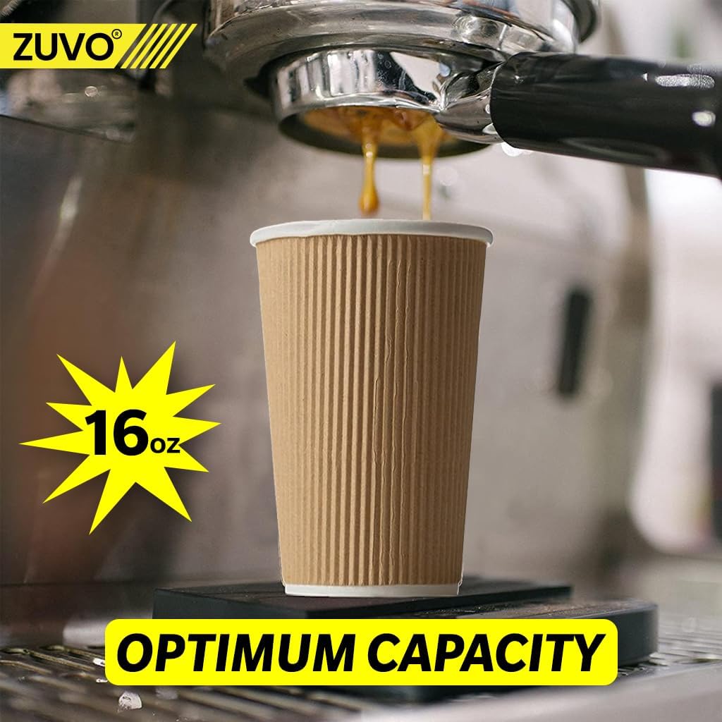 Zuvo Coffee Cups 16 OZ - NO Lids - 100 Disposable Brown Ripple Coffee Cups - Ideal for Takeaways