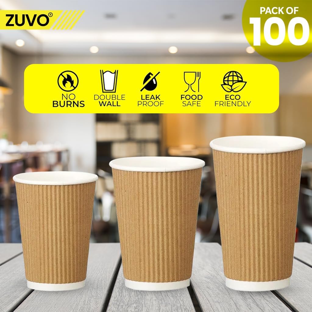 Zuvo Coffee Cups 16 OZ - NO Lids - 100 Disposable Brown Ripple Coffee Cups - Ideal for Takeaways