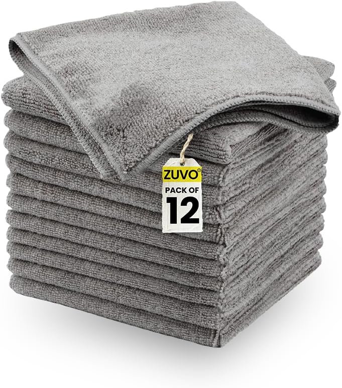 Zuvo Microfibre Cloths 12 Pack 32x32cm Grey Lint Free Cleaning Rags