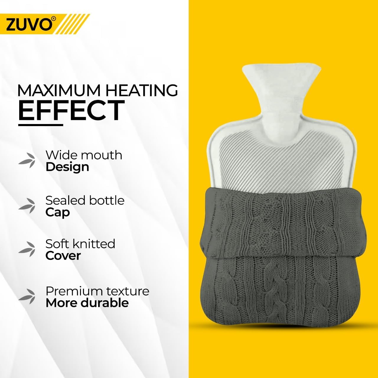 Zuvo 2L Hot Water Bottle with Grey Soft Knitted Cover Leakproof BPA Free