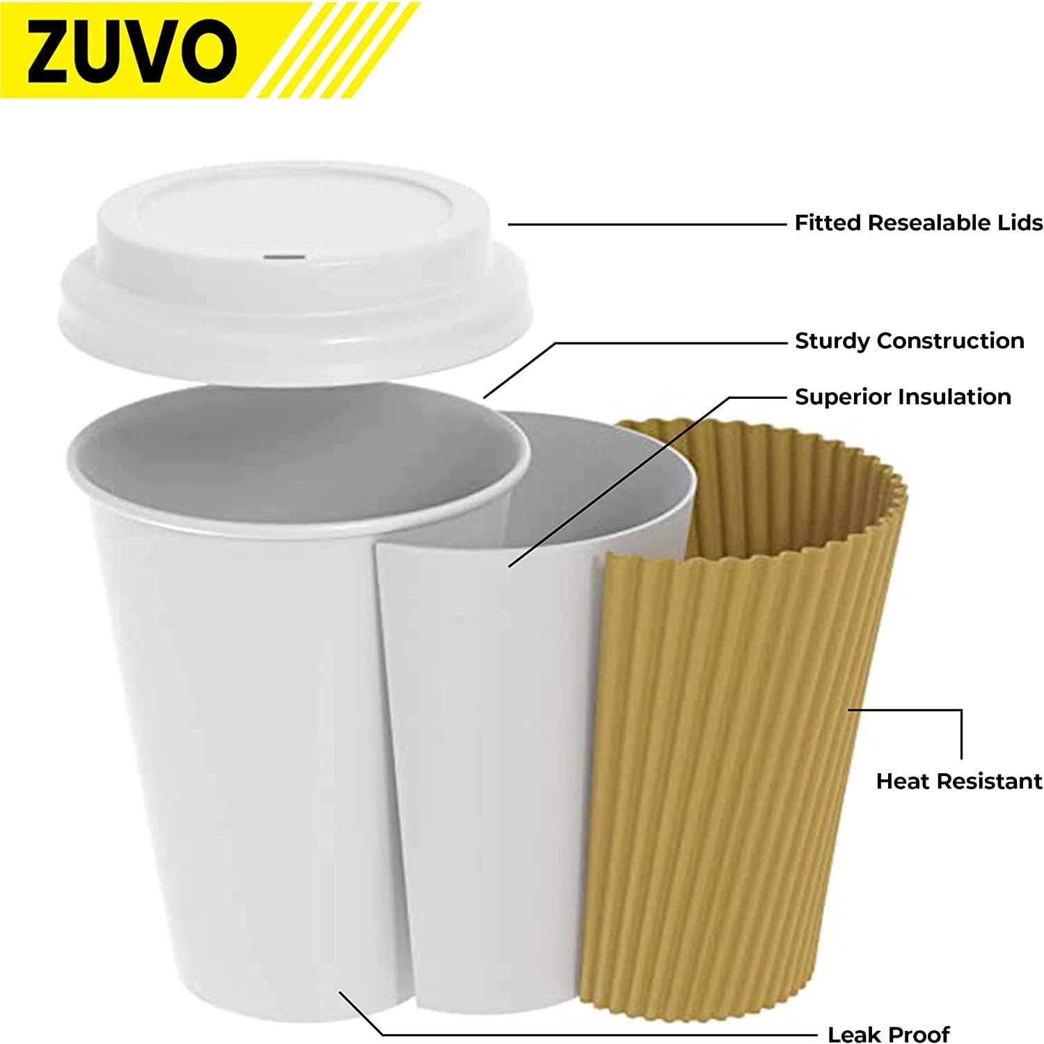 Zuvo Ripple Coffee Cups 8oz 30-Pack with Lids, Brown