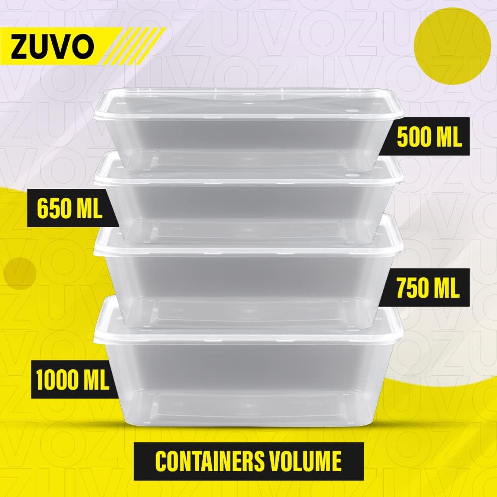Zuvo 1000ml Plastic Food Containers (50-Pack), Reusable, Microwave & Freezer Safe, Recyclable, 35oz