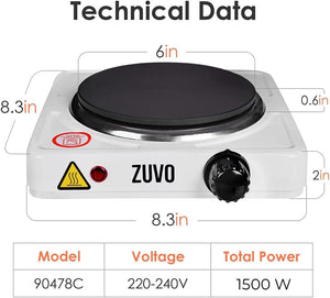 1500w Single Hot Plate - Ring Stove Hob - Portable & with Adjustable Thermostat - Cast Iron Heating Plate - Best for Cooking - Zuvo