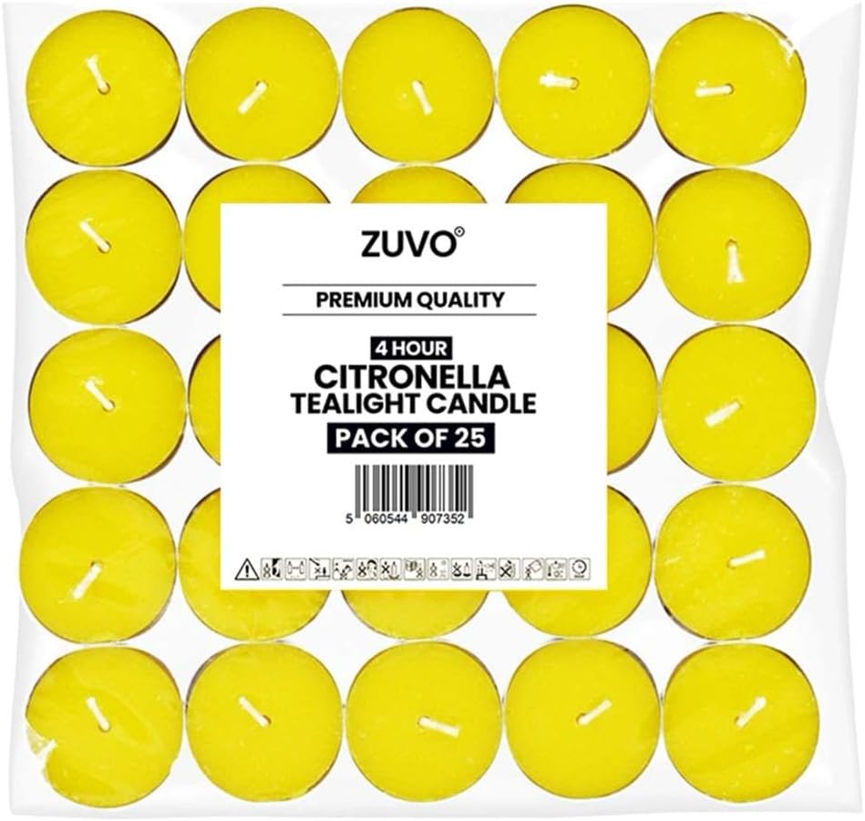 Citronella Tea Lights Candles (25 Pack) - 4 Hour Burn Tea Lights - Anti Mosquito Citronella Candles - 3.8 x 2.3 cm - 4hr - Zuvo [Energy Class A++], Yellow