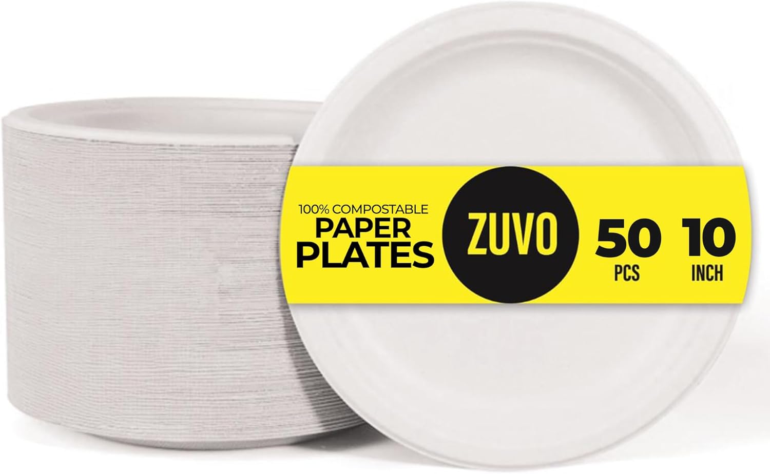 Zuvo 10" Compostable Paper Plates 50-Pack Eco-Friendly, White