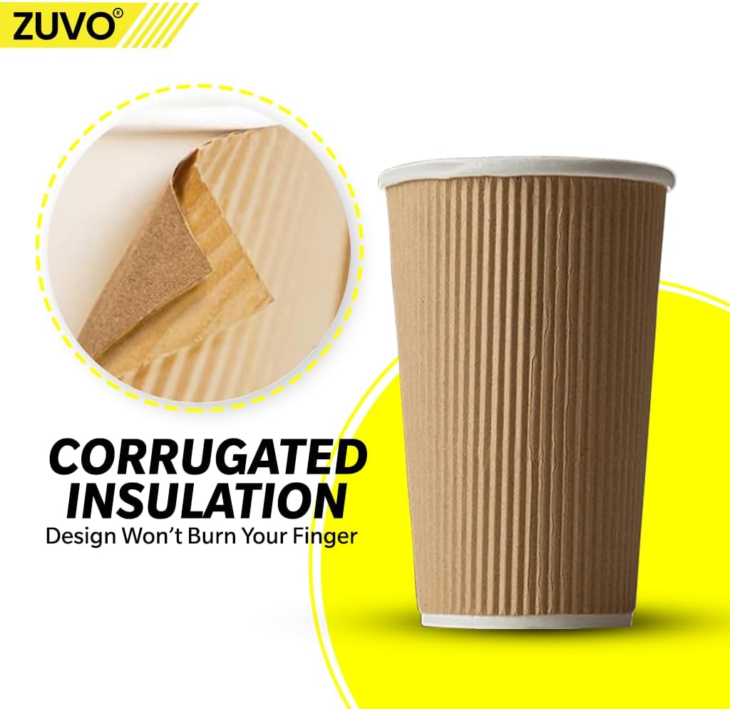 Zuvo Coffee Cups 16 OZ - NO Lids - 100 Disposable Brown Ripple Coffee Cups - Ideal for Takeaways