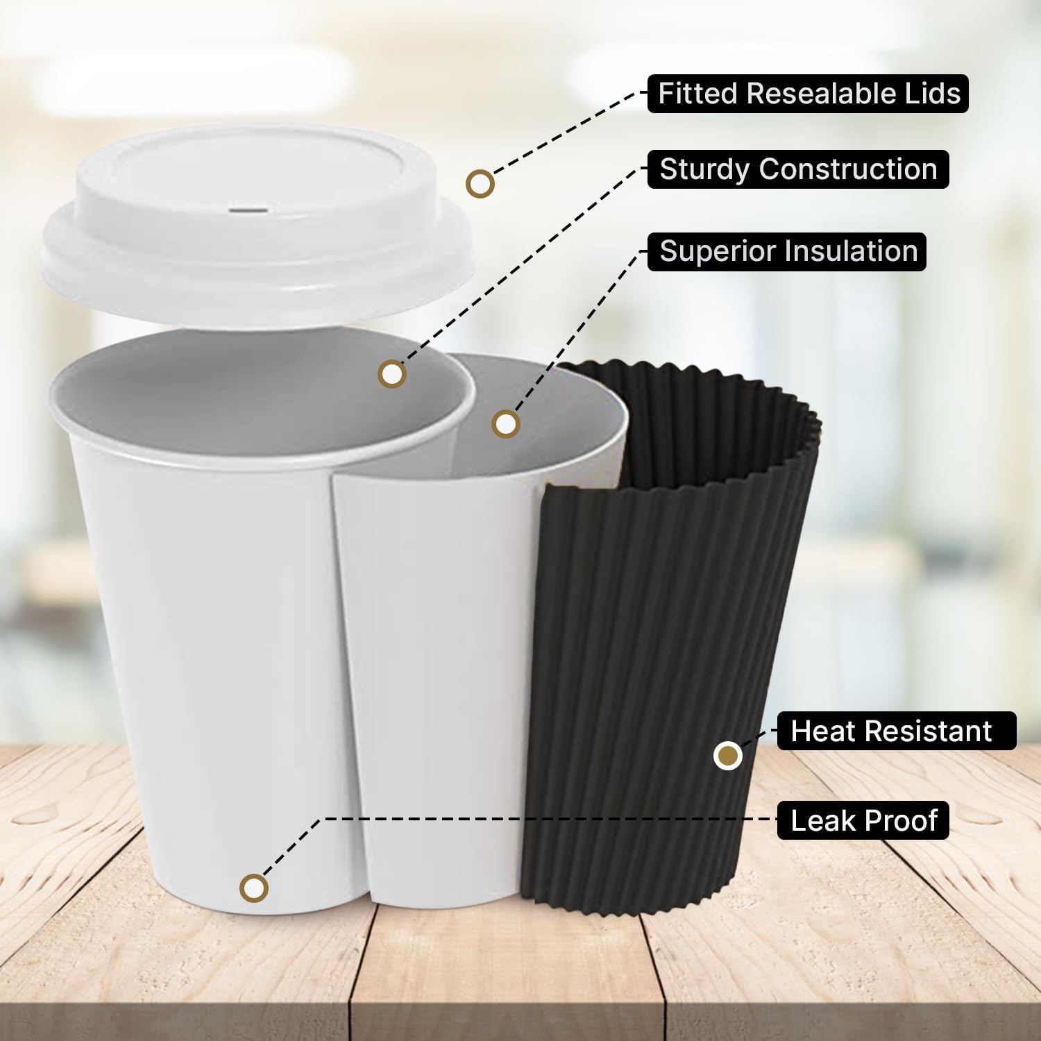 Zuvo [50 Pack Takeaway Coffee Cups with Lids | Disposable Insulated Triple Wall Ripple Kraft Paper Coffee Cups for Takeaway Coffee, Tea or hot Liquids | Pack of 50, Black