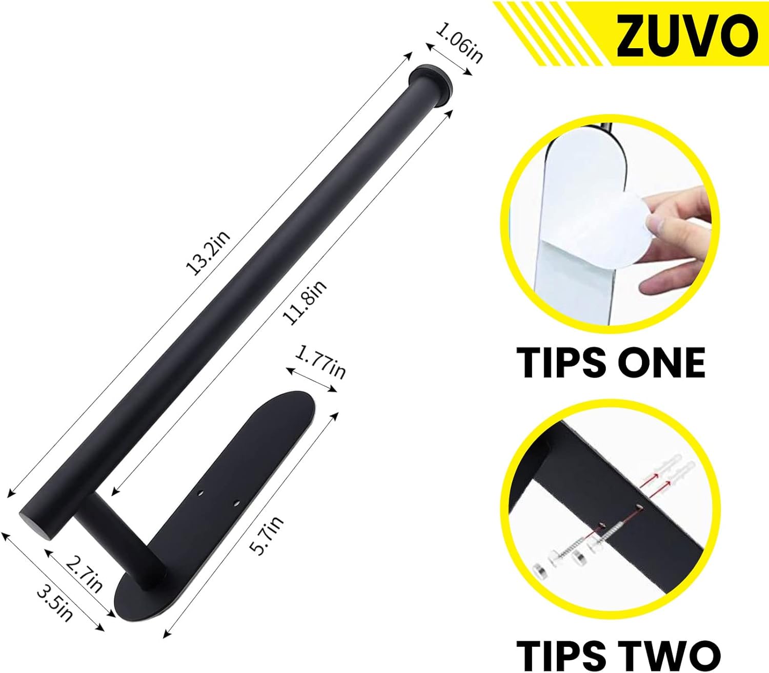 Zuvo Under Cabinet Paper Towel Holder Black – Adhesive or Screw Mount Steel