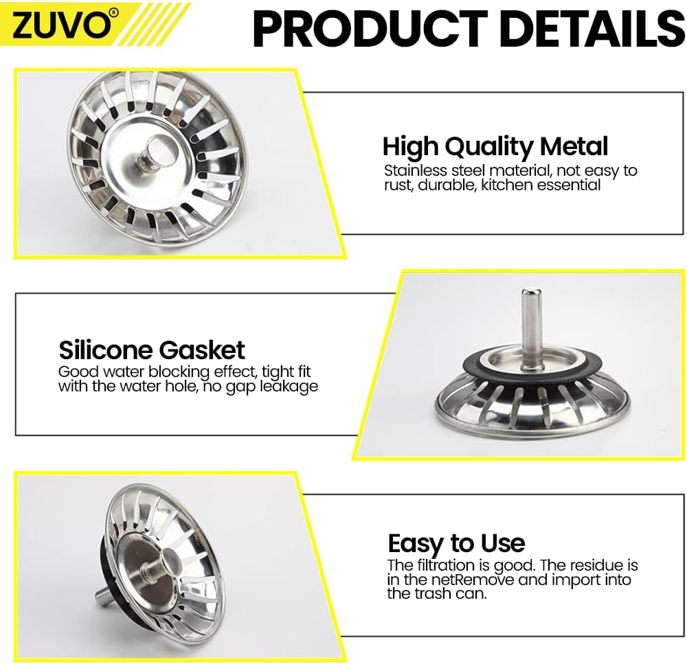 Sink Plug Replacement - 78 MM Kitchen Sink Strainer to Block Waste - Made with 304 Stainless Steel & Rust Free Sink Plug by Zuvo, Silver