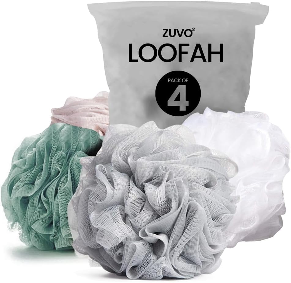 Zuvo Loofah Bath Sponge 4 Pack Soft and Durable Shower Puffs for Exfoliating Body Cleaning
