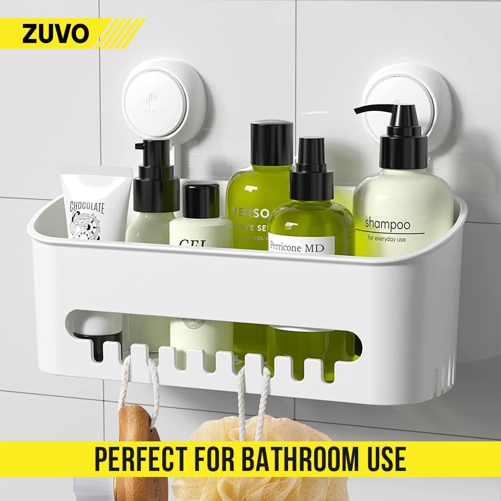 Zuvo No-Drill Shower Caddy – Suction Cup Bathroom Shelf, White