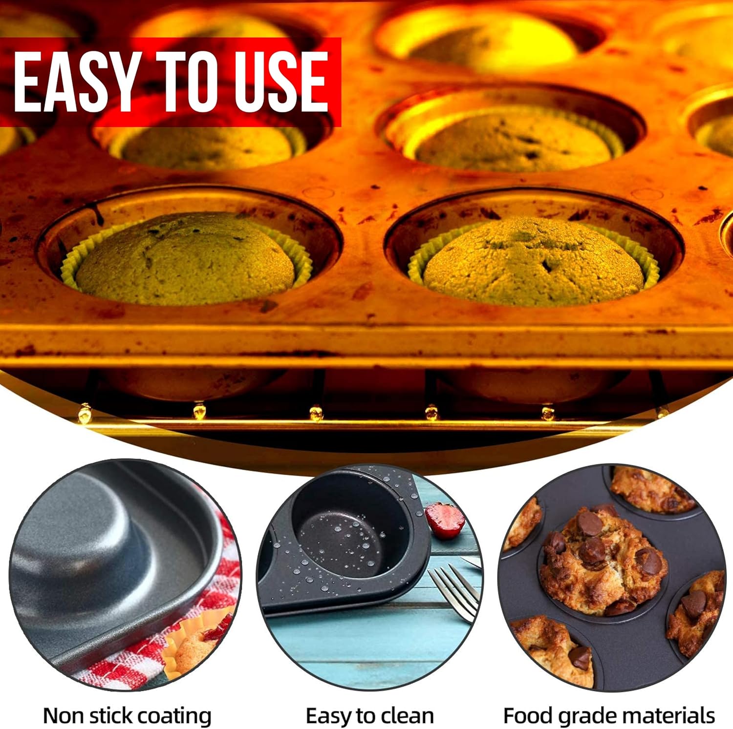 Zuvo Non Stick 12 Cup Muffin Tray Black BPA Free Dishwasher Safe