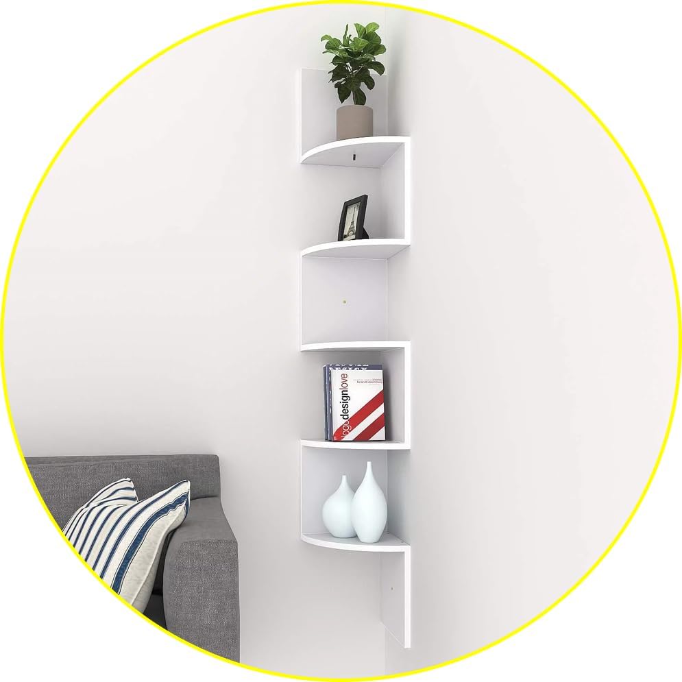 Zuvo Floating Corner Shelves 5 Tier White Zigzag Wall Mounted Bookshelf