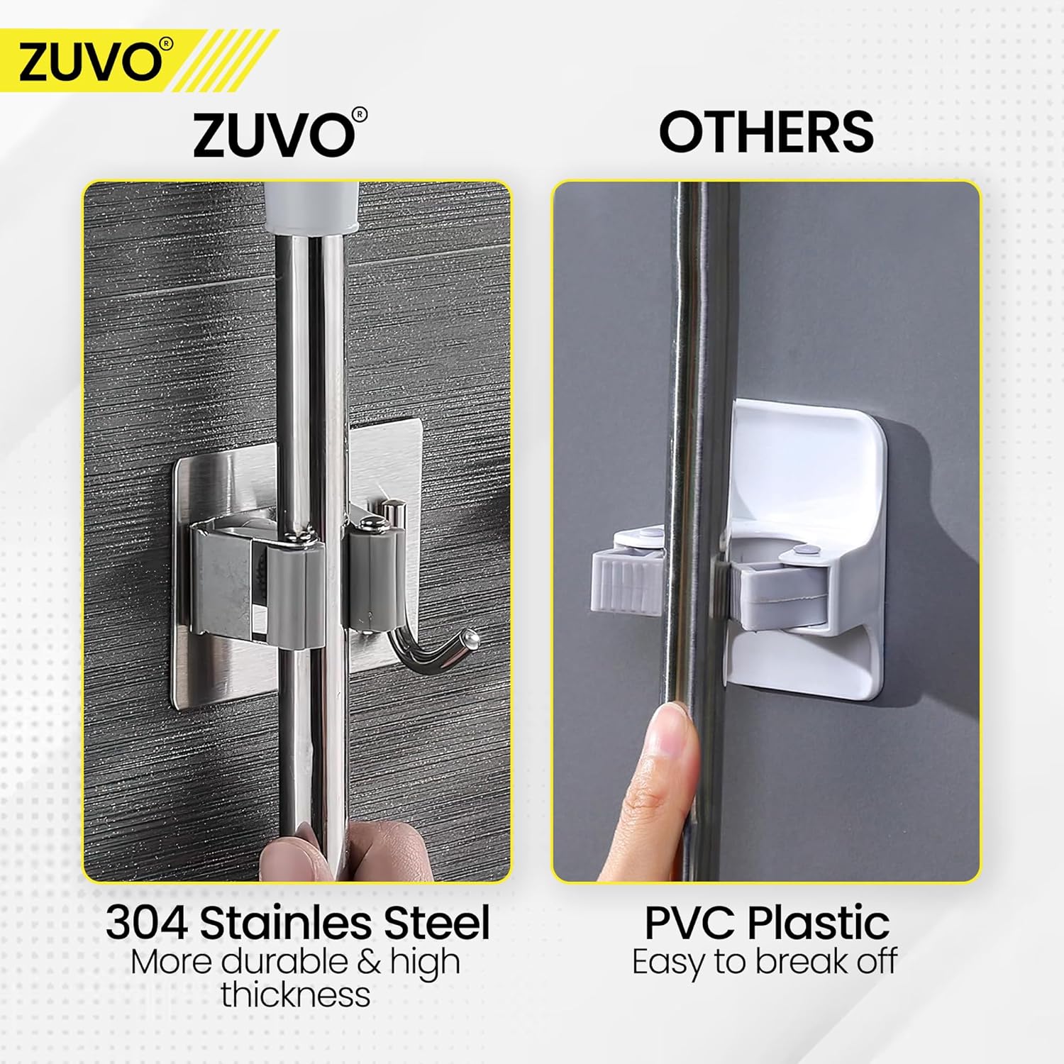 Zuvo Broom Holder Wall Mounted 4 Pack Stainless Steel Mop Organiser
