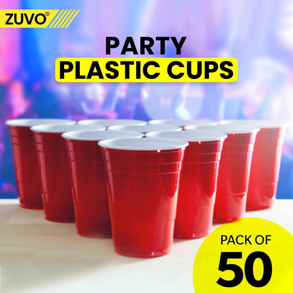 Zuvo Red Party Cups 16oz 50 Pack Durable Disposable Recyclable Drinkware