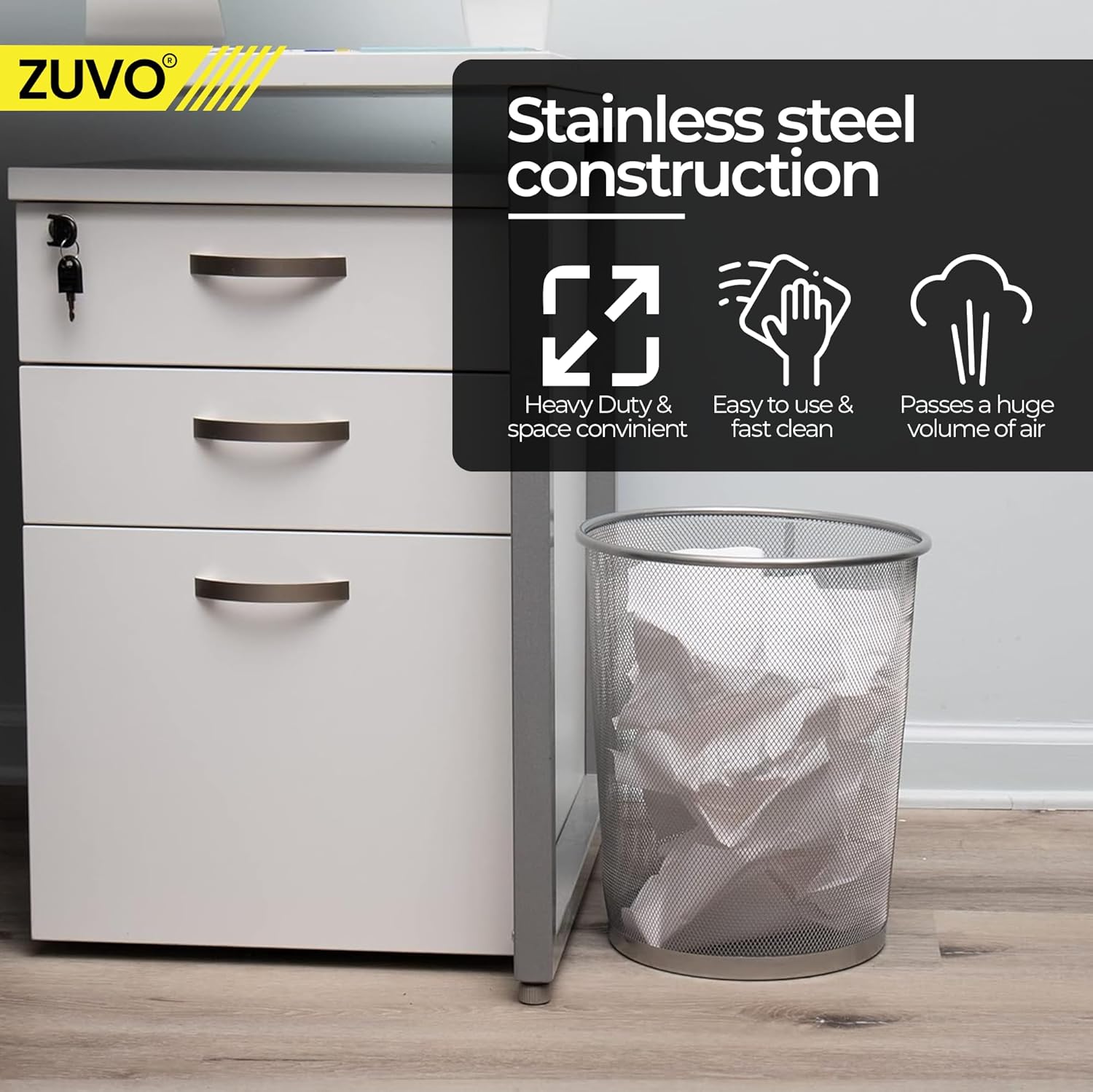 Zuvo Circular Mesh Waste Paper Bin 27x24cm, Silver Metal