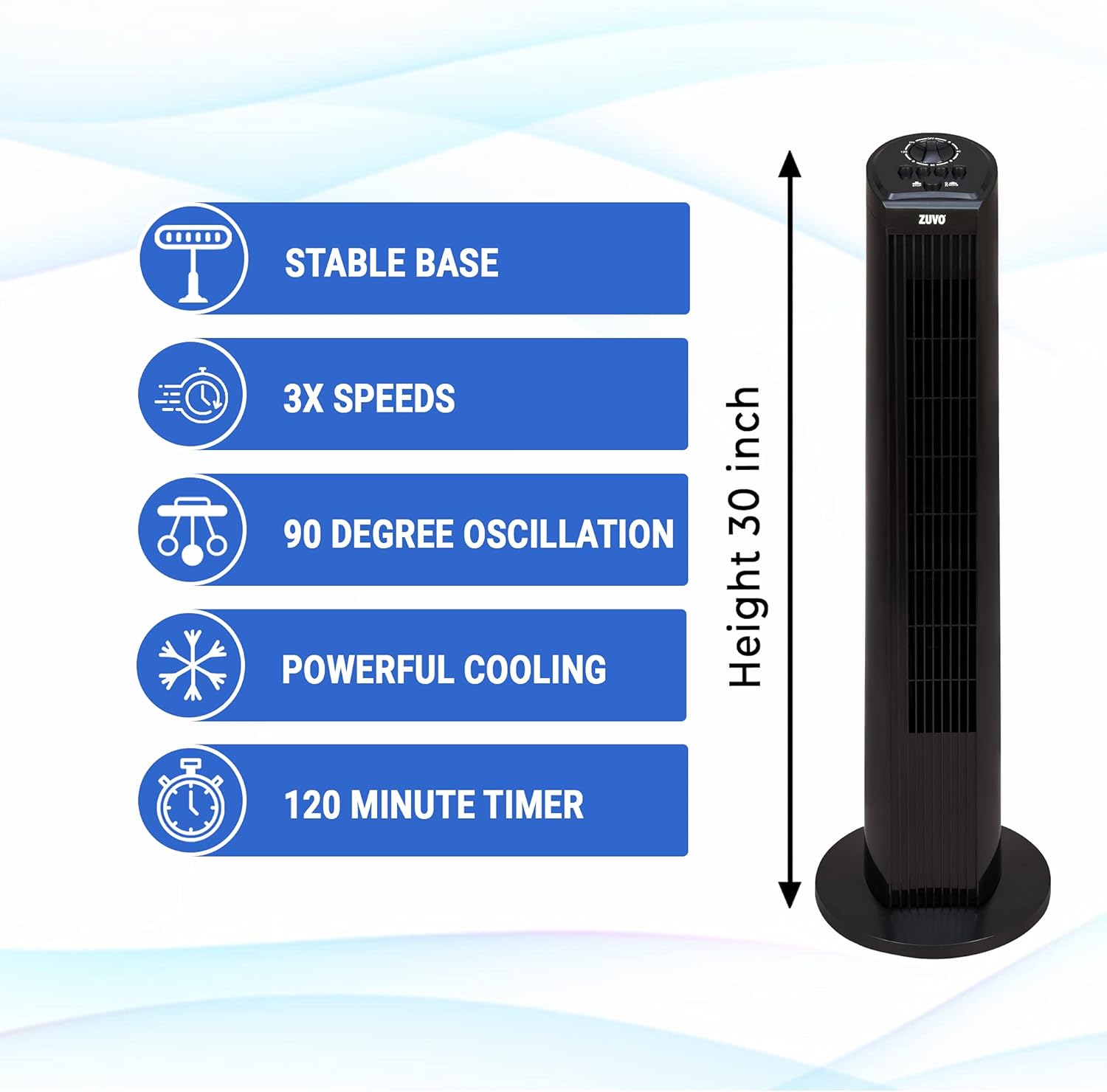 Zuvo 30in Oscillating Tower Fan 3 Speed with Timer Quiet Black