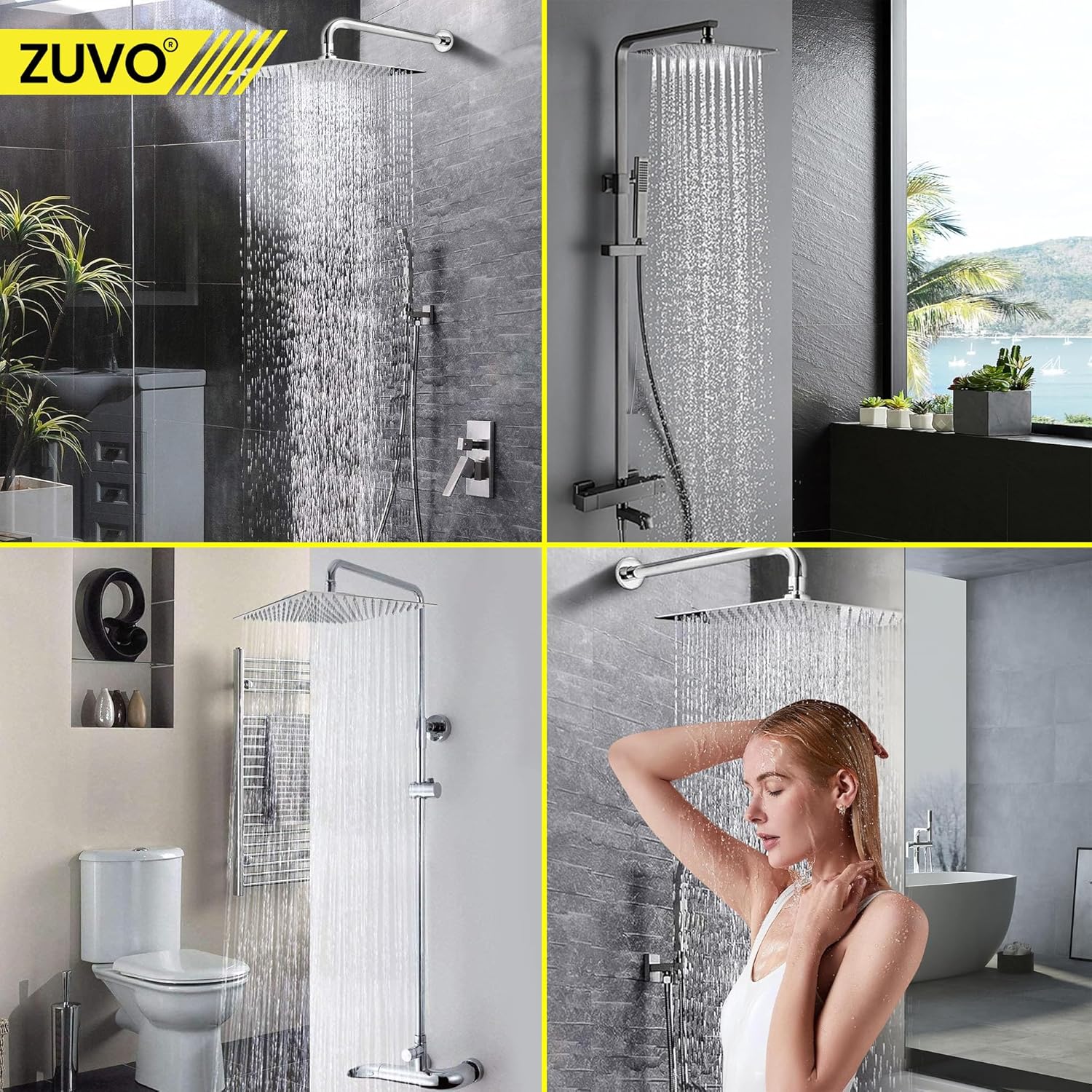 Zuvo 10 Inch Square Rainfall Shower Head 304 Stainless Steel High Pressure