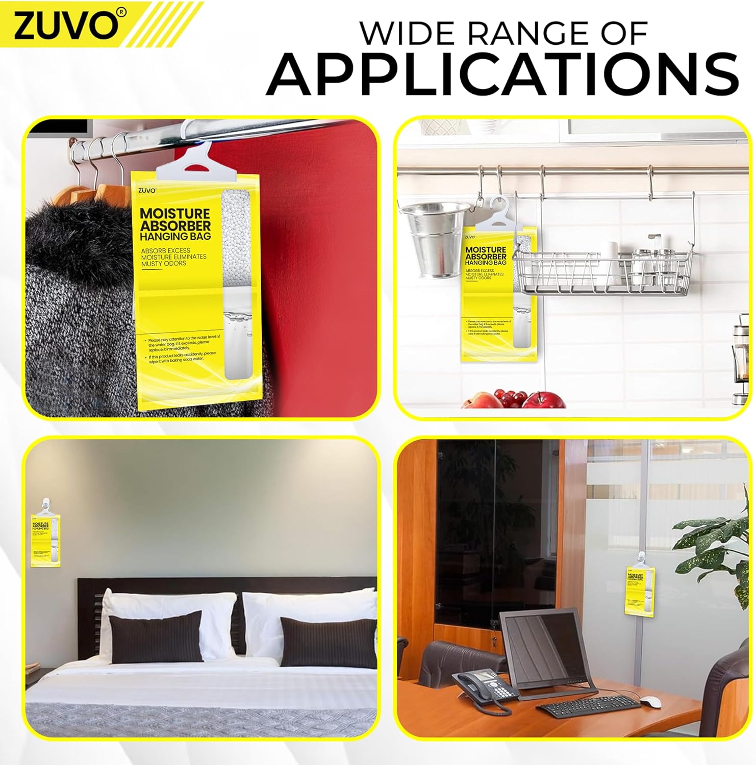 Zuvo Wardrobe Dehumidifier Hanging Bags 12 Pack Moisture Absorber