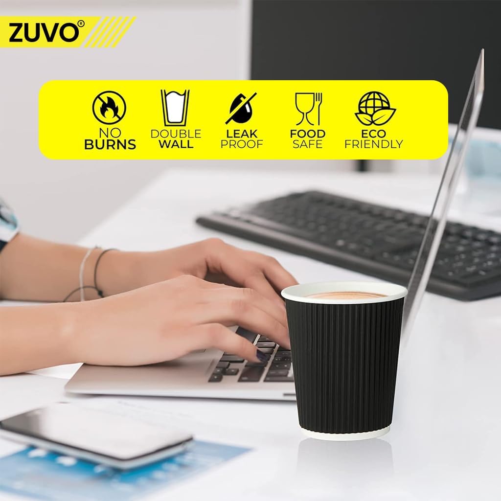 Zuvo Ripple Coffee Cups 8oz 100-Pack Black, No Lids