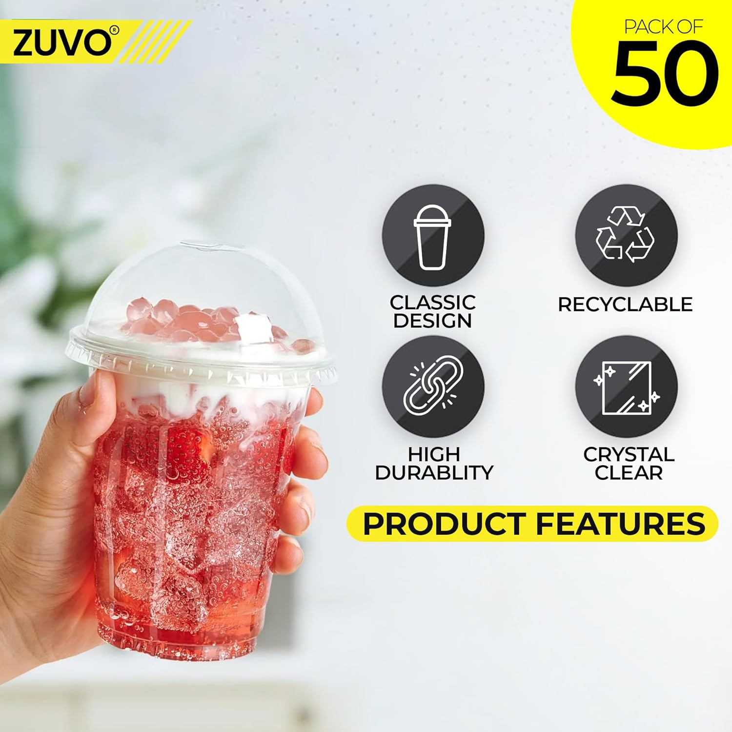 Zuvo 50 Pack 16oz Clear Plastic Smoothie Cups with Dome Lids