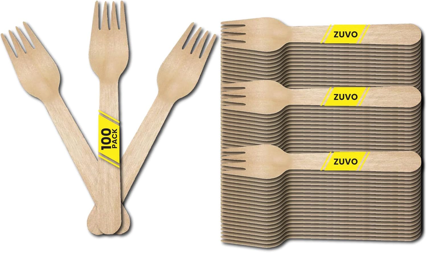 Zuvo Disposable Wooden Forks 100-Pack Eco-Friendly Birch