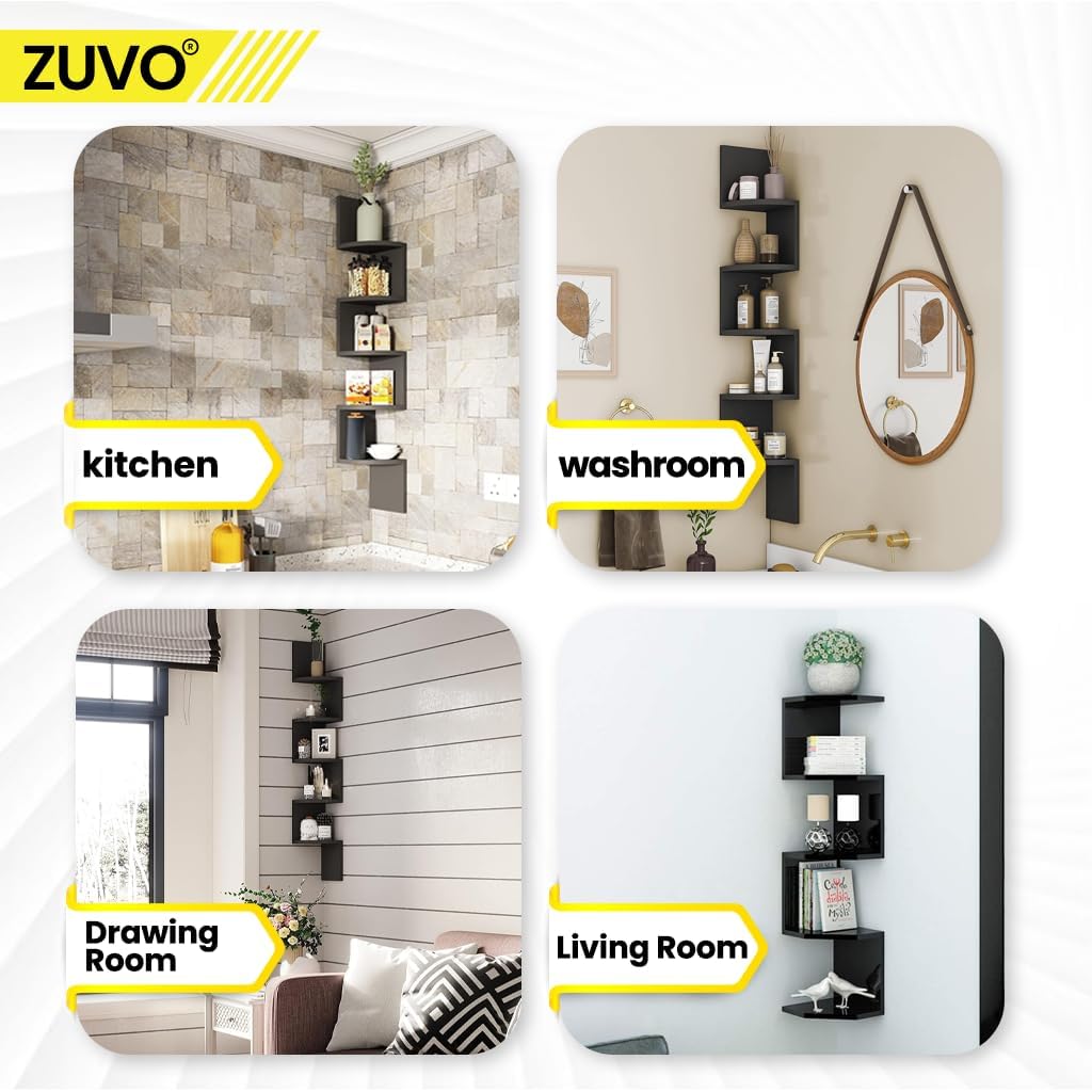 Zuvo Floating Corner Shelves 5 Tier Black Zigzag Wall Mounted Bookshelf