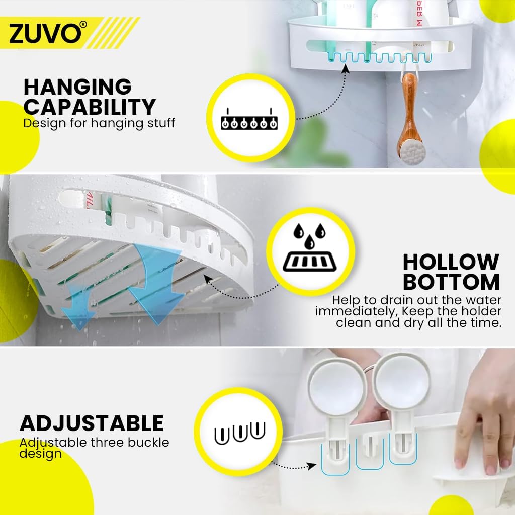Zuvo No-Drill Shower Caddy – Suction Cup Bathroom Shelf, White