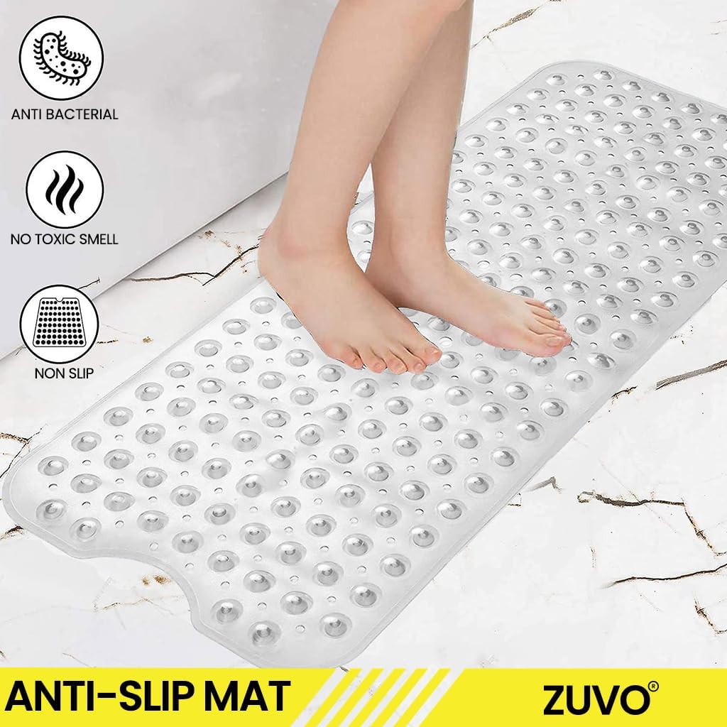 Zuvo Extra Long Non-Slip Bath Mat 100x40cm – Clear, Anti-Mould