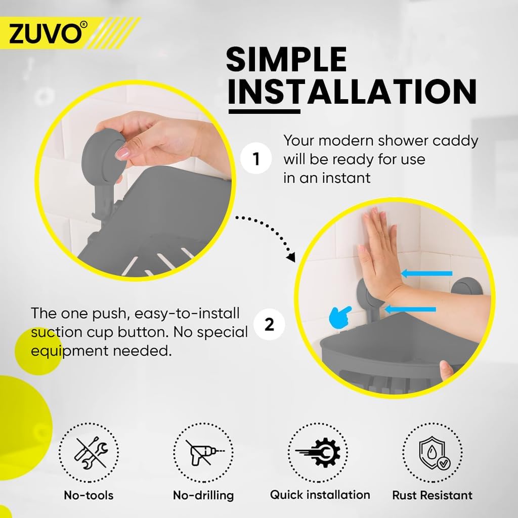 Zuvo No-Drill Shower Caddy – Suction Cup Bathroom Shelf, Grey