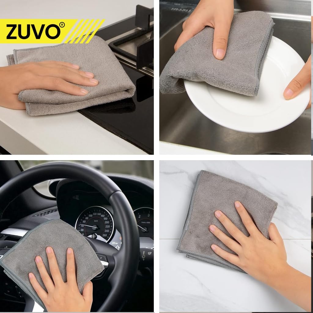 Zuvo Microfibre Cloths 12 Pack 32x32cm Grey Lint Free Cleaning Rags