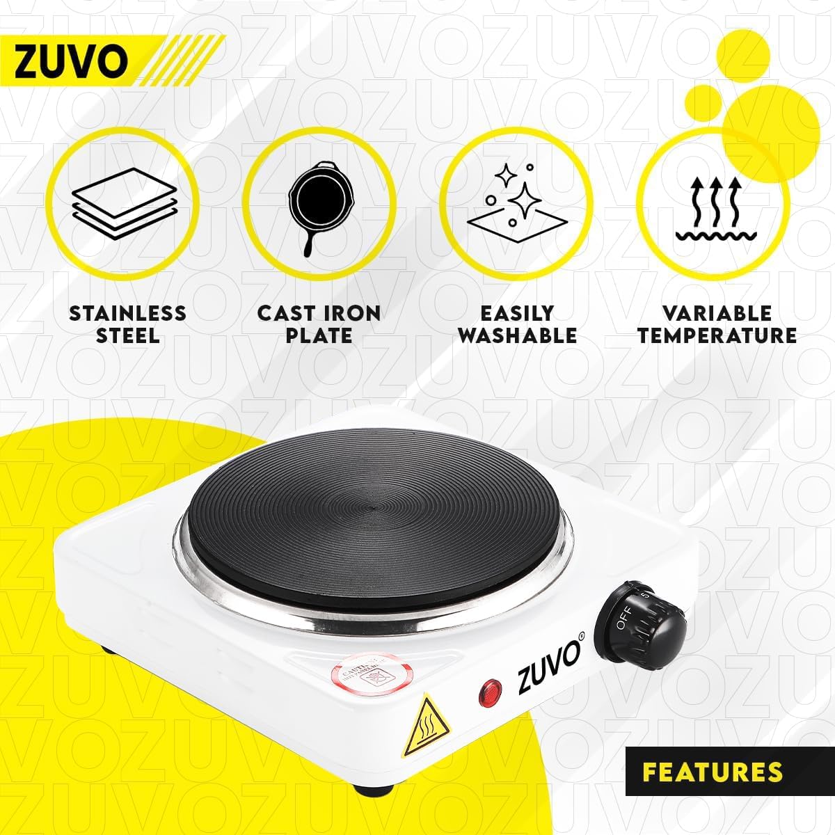 Zuvo 1500W Single Hot Plate Portable White Cast Iron Hob with Thermostat