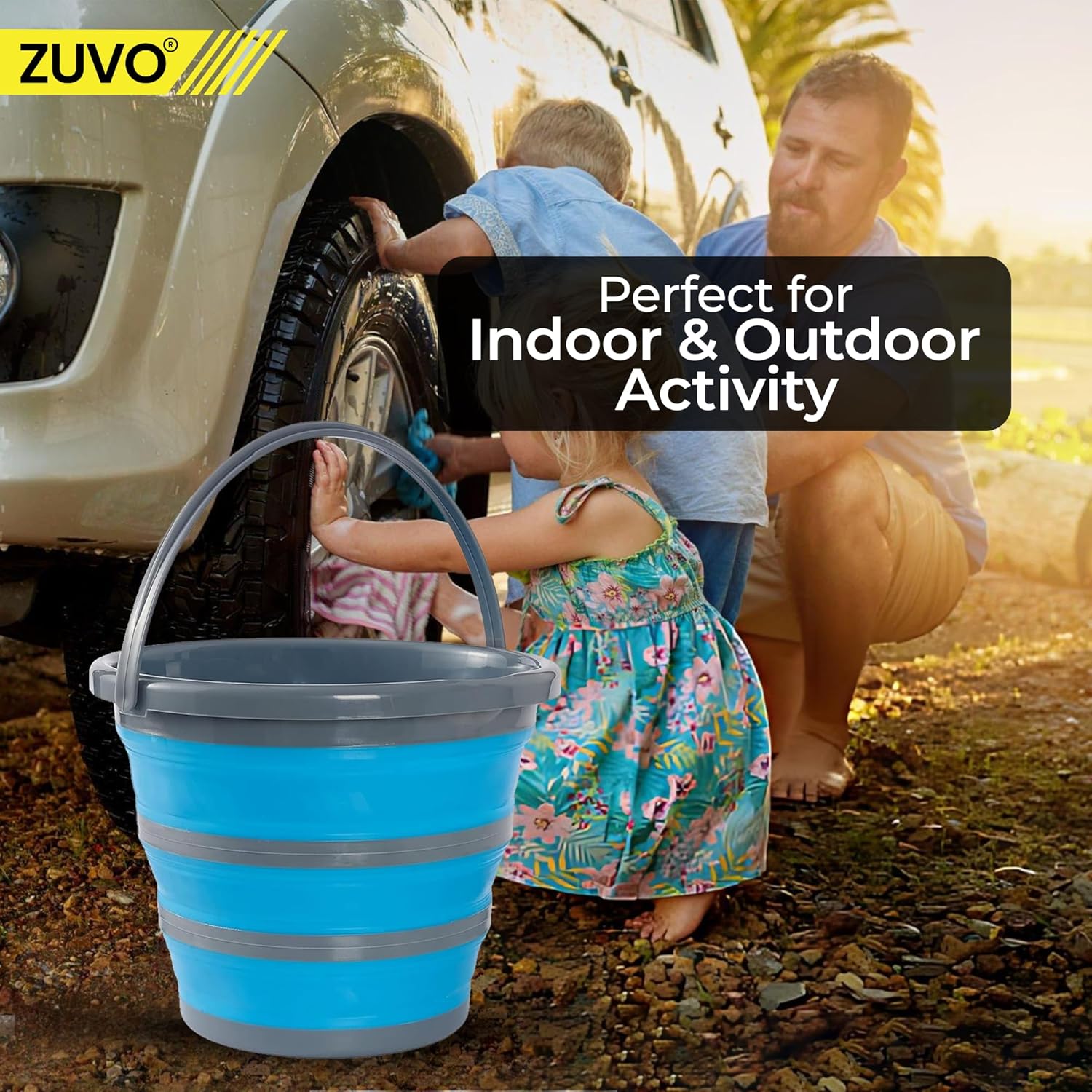 Zuvo Collapsible Bucket 10L Silicone Folding Mop Bucket Blue Grey