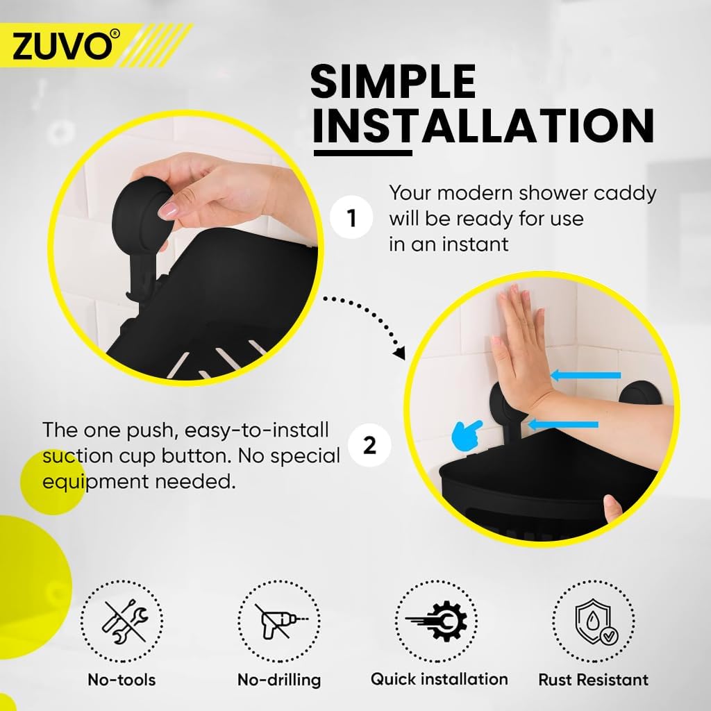 Zuvo No-Drill Shower Caddy Suction Cup Bathroom Shelf, Black