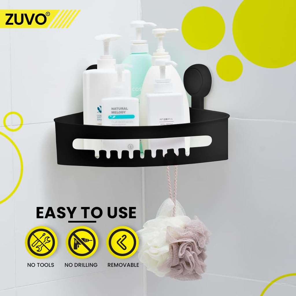 Zuvo No-Drill Shower Caddy Suction Cup Bathroom Shelf, Black