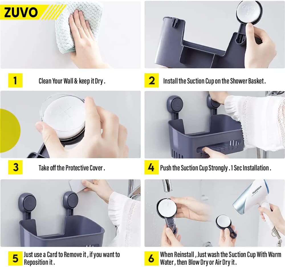 Zuvo No-Drill Shower Caddy Suction Cup Bathroom Shelf, Grey
