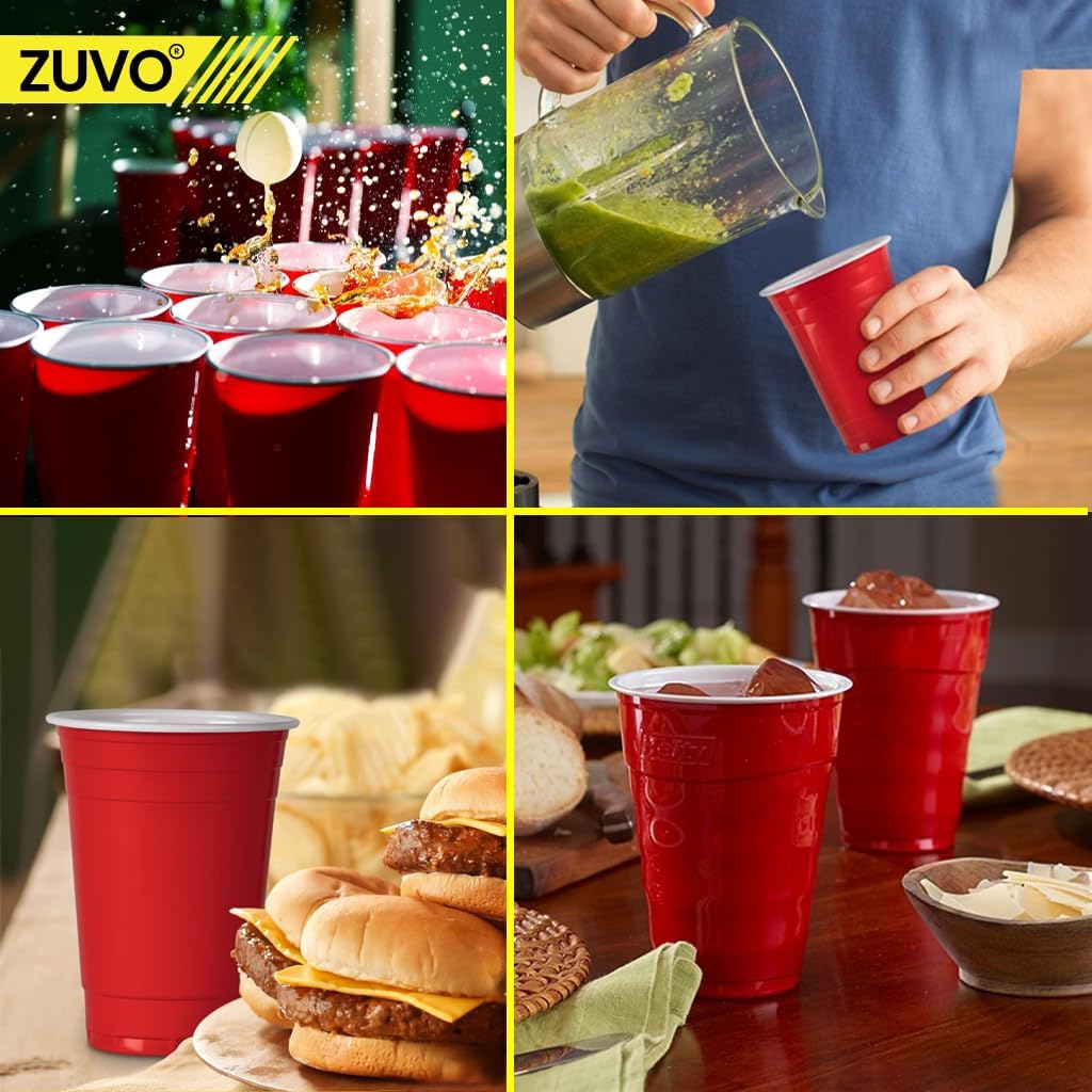 Zuvo Red Party Cups 16oz 50 Pack Durable Disposable Recyclable Drinkware