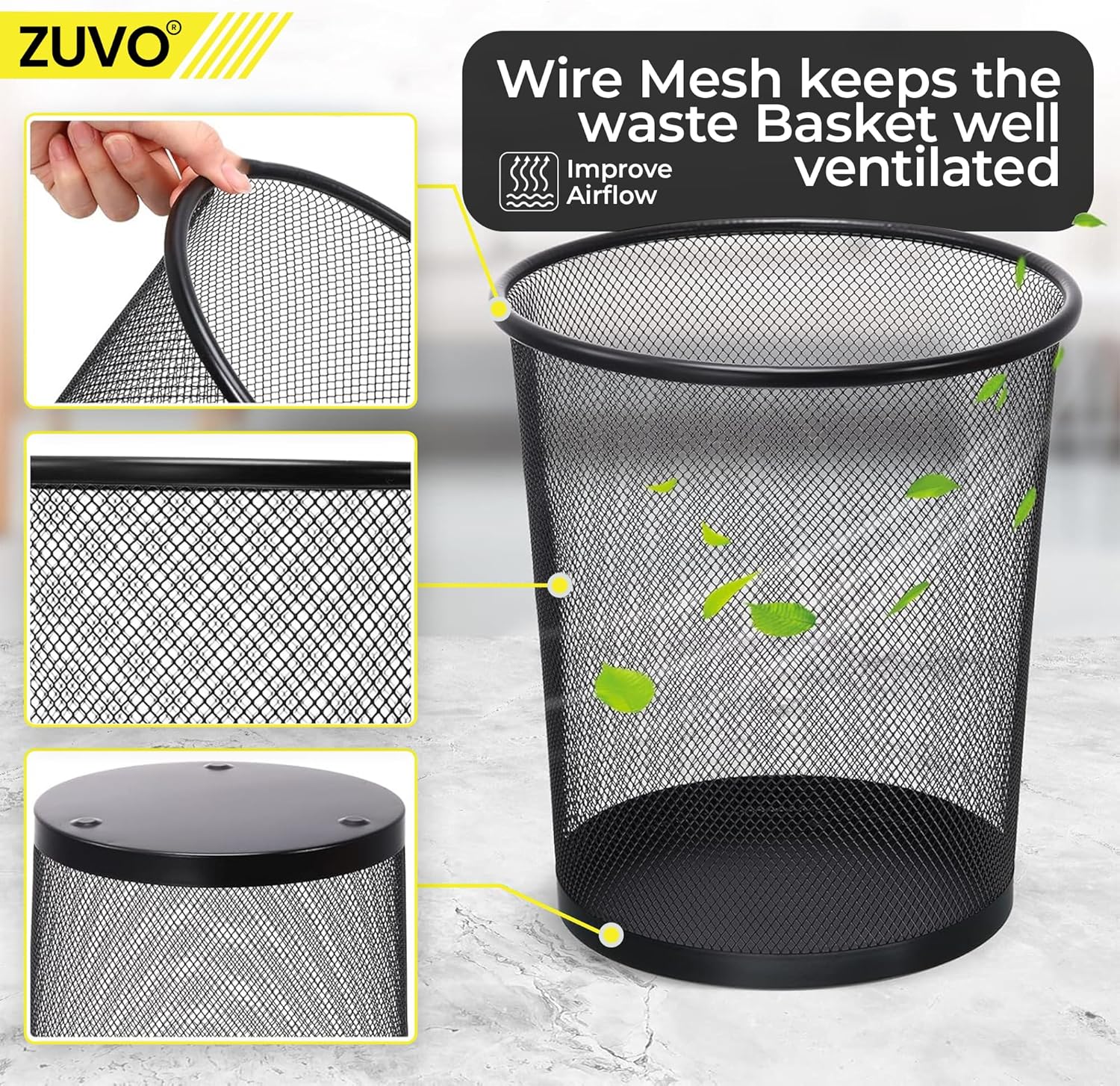 Zuvo Mesh Wastebasket Metal Wire Trash Can 4 Gallon, Black