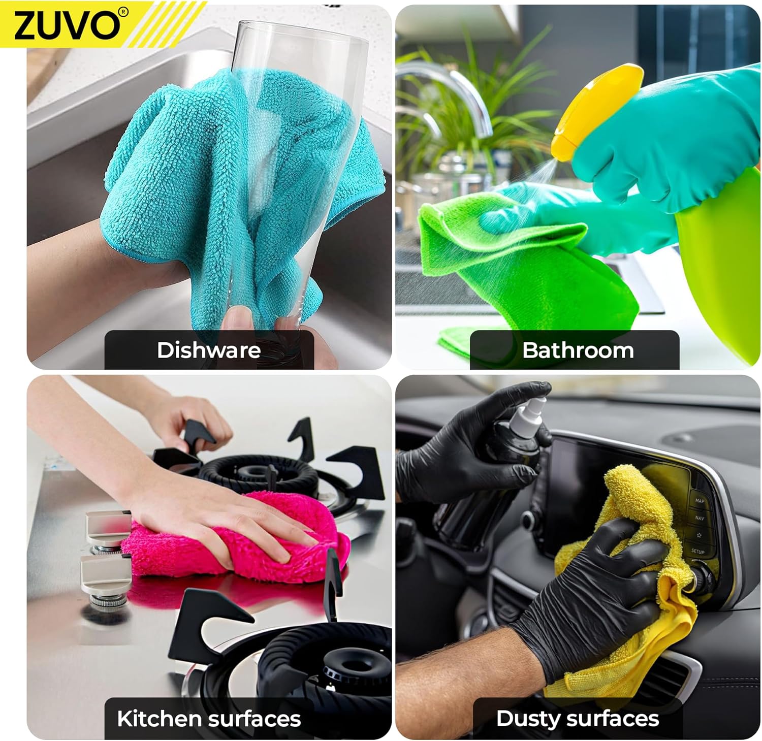 Zuvo Microfibre Cloths 12 Pack 32x32cm Lint Free Multi Colour Cleaning